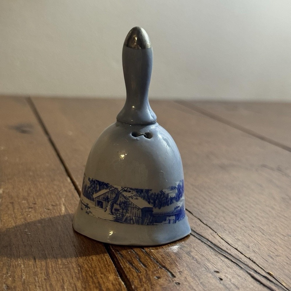 Vintage Currier and Ives Blue Porcelain Bell The Old Homestead in Winter 3 1/2in